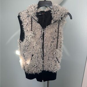 Faux Fur Hooded Vest in Black and Cream